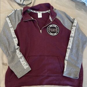 PINK Victoria's Secret Quarter-Zip Fleece Pullover Sweater - Burgundy & Gray